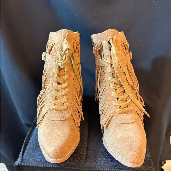 Joyfolie Camel Fringe Heeled Boots - Picture 2 of 6